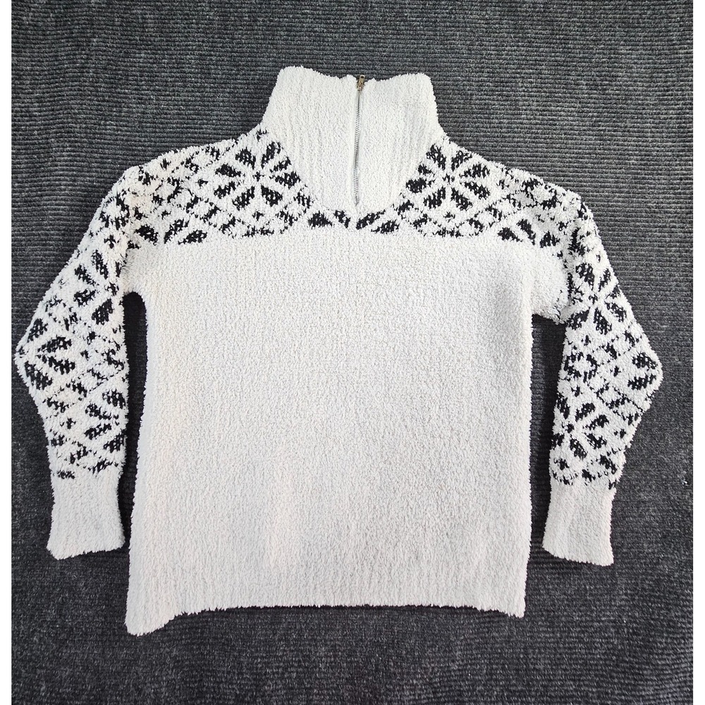 Staccato Sweater Womens S White Fair Isle Fuzzy Sherpa 1/4 Zip Mock Neck Outdoor
